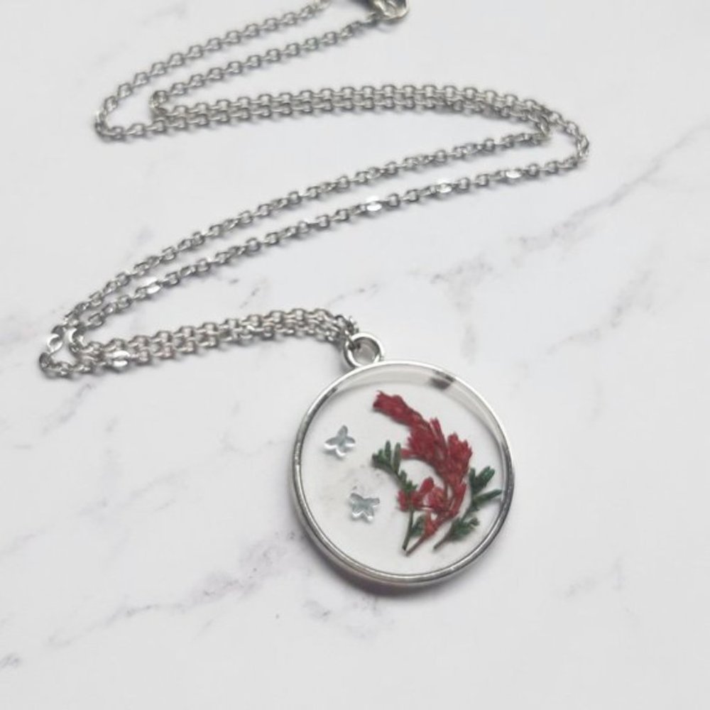 Floral Butterfly Necklace Handmade Pressed Dried Flowers Pendant Necklace